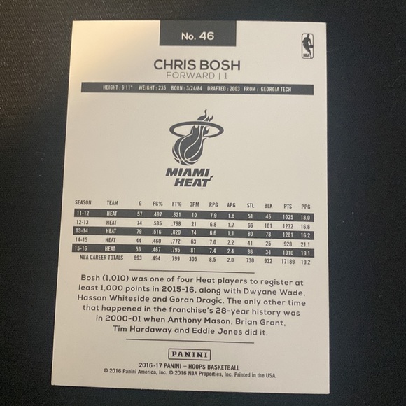 Chris Bosh -2016-17 panini Hoops basketball #46 - Picture 2 of 2